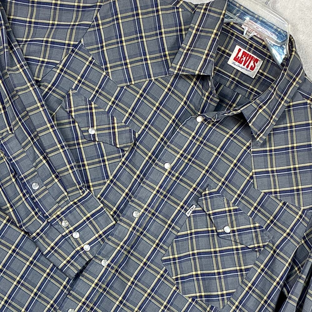 VTG 80s Levis Pearl Snap Shirt Mens XL Gray Plaid Western Cowboy Ranch Rodeo